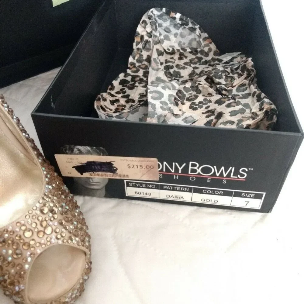 Tony Bowls Prom Formal Pageant Bridal Wedding Shoes Heels Size 7 Gold Bling - Picture 5 of 10
